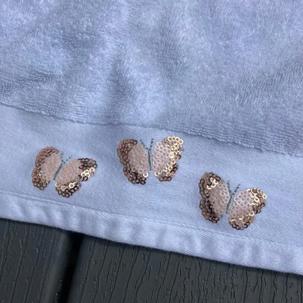 White hand towel with sequin butterflies, vintage 2000s Y2K fairycore boho chic